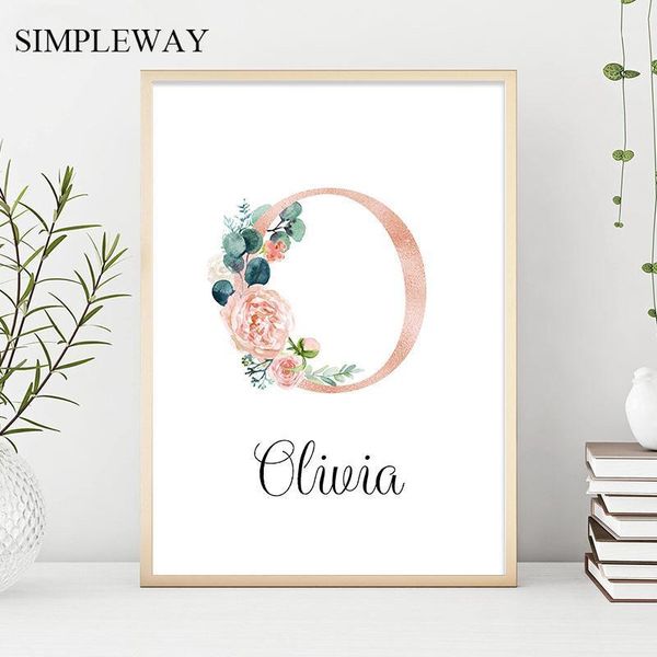

paintings custom personalized name poster floral letter art canvas print baby nursery wall picture painting kids girl bedroom decoration1