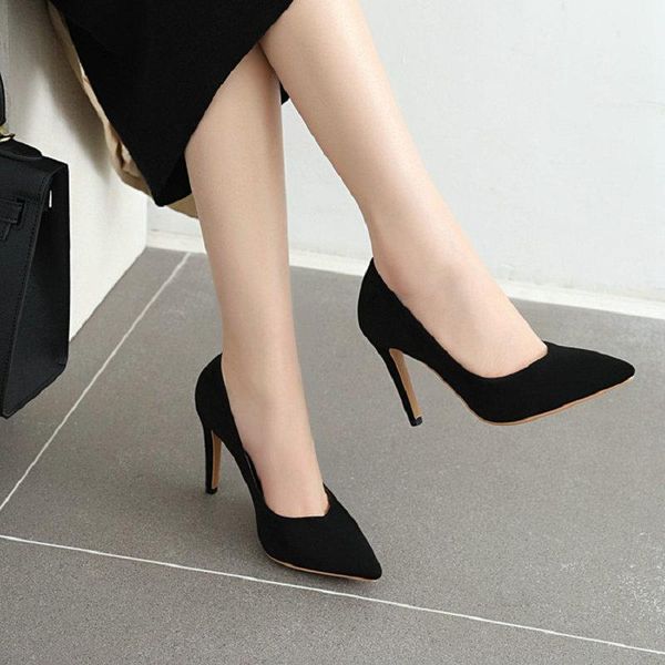 

pointed toe flock ladies pumps 9cm super thin high heels office career woman shoes slip-on sapato feminino female stilettos1, Black