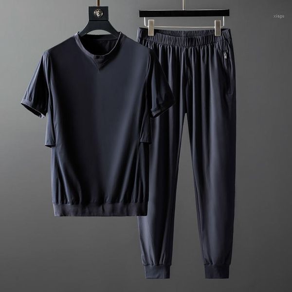 

minglu summer mens sets (t-shirt+pants) luxury solid color round collar male tracksuit fashion slim fit casual sport man sets1, Gray