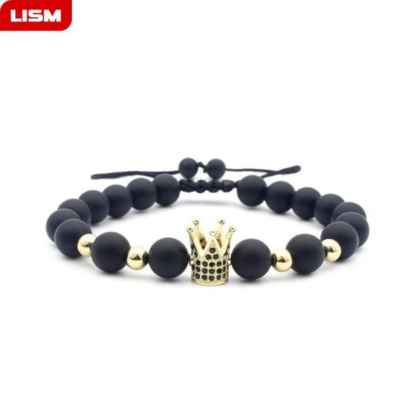 

natural 8mm black lava beaded bracelet copper crown with zircon cz beads necklace mala prayer bracelet for meditation, Golden;silver