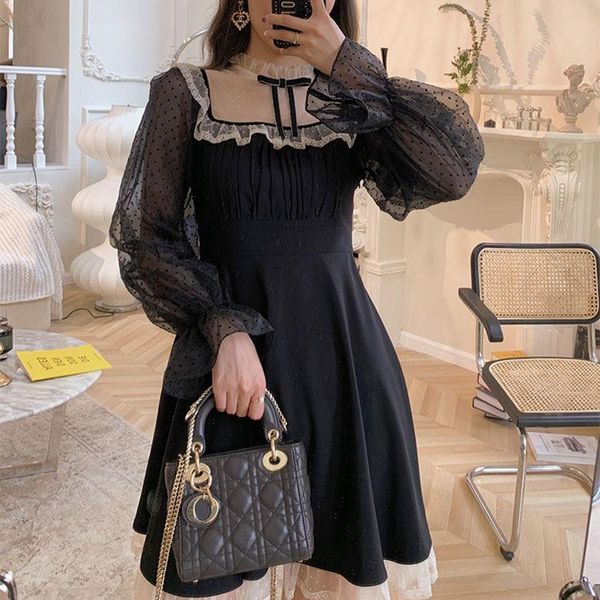 

black lolita gothic dress women lace chiffon kawaii mini dress casual long sleeve japan style party dress 2021 women's autumn, Black;gray