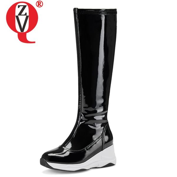 

boots zvq 2021 winter fashion patent leather woman shoes outside comfortable warm high heels plus size zip ladies, Black