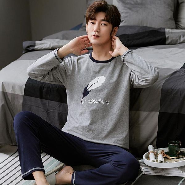 

autumn winter simple warm pajamas long sleeve cotton pijam set for male plus size home clothing casual feather pattern sleepwear, Black;brown