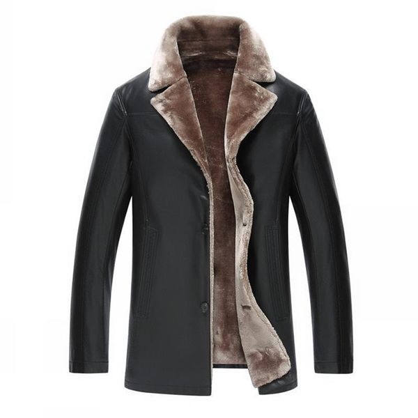 

men's fur & faux winter leather jacket casual coat collar thick velvet warm motorcycle jackets parkas jaqueta masculino, Black