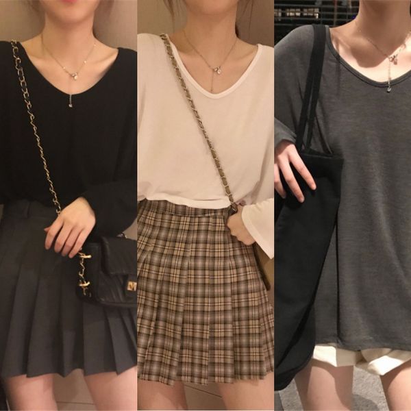 

2020 супер горячая t-рубашки женские осенние носить снаряжение снаряжение top студенческими одежды сплошной цвет длинный рукав база рубашки, White