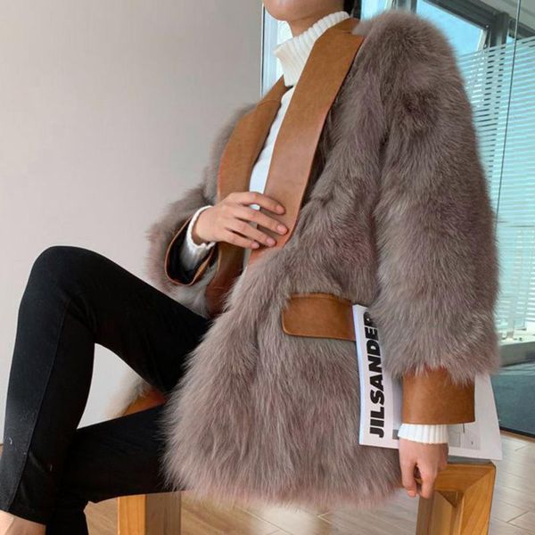

design faux fur coat jacket women's 2020 winter patchwork leather long sleeve thick warm fur for women overcoat female plush, Black