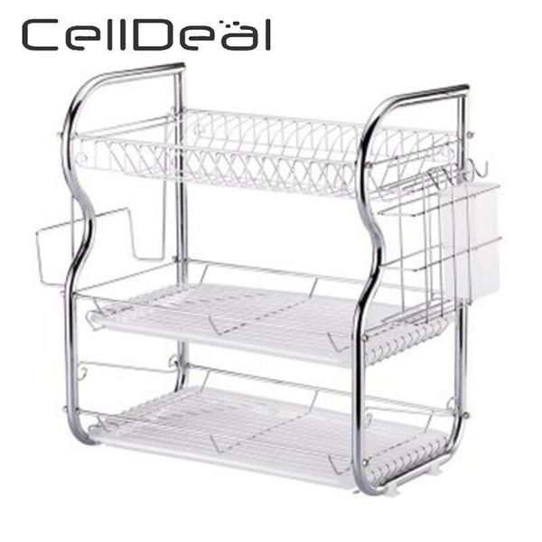 

hooks & rails 3 layer dish drainer kitchen cutlery cup plates rack sink drip tray storage shelf stainless organizer holder