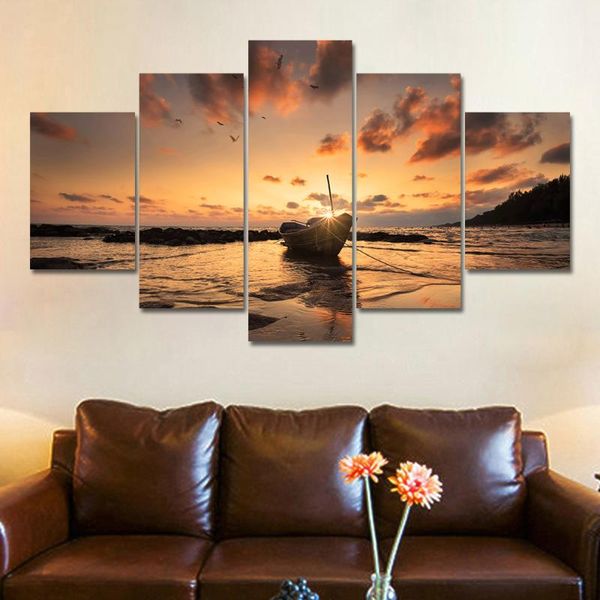 

frame hd printed modern canvas living room 5 panel boat sunset sea view pictures painting wall art modular poster home decor