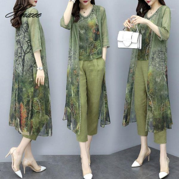 

2020 summer new women's green print three-piece cardigan vest feet pants casual fashion suit s-3xl1, White