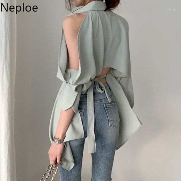 

neploe women blouse new lady hollow out turn down collar fashion shirts blusa off shoulder spring summer 2020 solid 1a8221, White