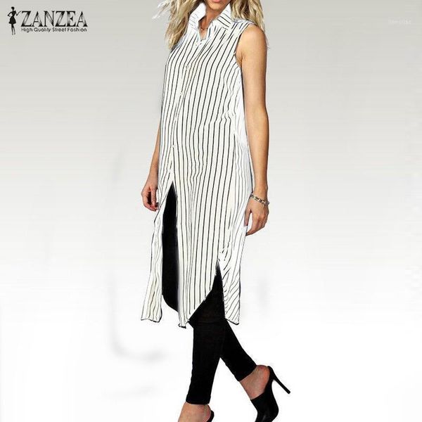

wholesale- zanzea women 2016 autumn plus size stripe print dress lapel sleeveless split casual loose long shirts vestidos oversized1, White;black
