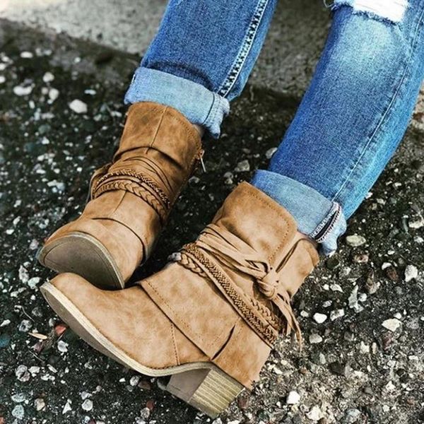 

vintage boots women buckle pu shoes women short boots square heels fashion pointed toe ankle all match breathable new, Black