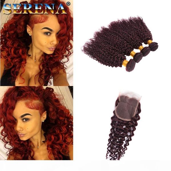 

5pcs lot 99j deep kinky curly hair with closure burgundy human hair bundles wine red peruvian hairs weaves jerry curl in hair extensions, Black;brown