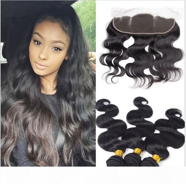 

virgin malaysian body wave hair with lace frontal closure 13x4 bleached knots 4pcs lot malaysian hair weave bundles 3pcs with frontals, Black