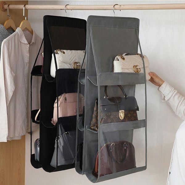 

double side transparent 6 pocket foldable hanging handbag purse storage bag sundry tidy organizer wardrobe closet hanger