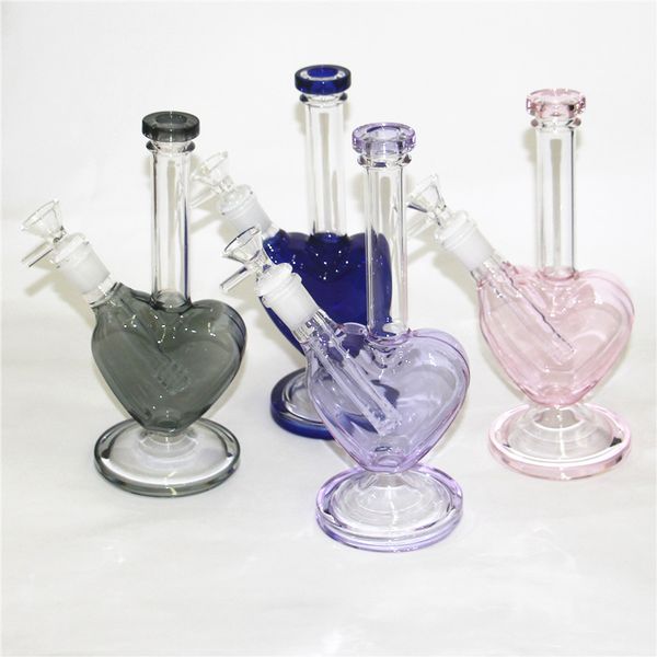 9 polegadas de coração vidranque rosa verde azul roxo cor de vidro de vidro bong dab odenado sonda de água de vidro Bubbler com peça de tigela de slides de 14 mm