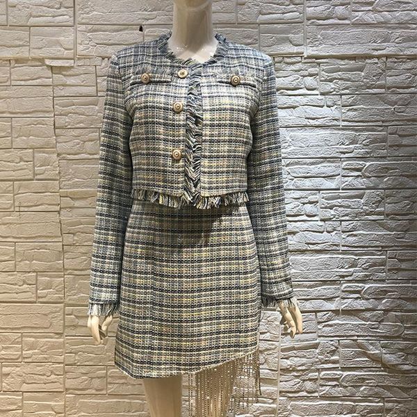 

women's tracksuits 2021 autumn fashion woman 2 piece sets diamond tassel long sleeve coats sleeveless high waist plaid dress elegant, Gray
