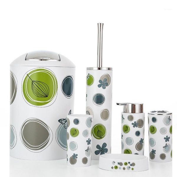 

nordic 6pcs/set printing bathroom accessory set lotion dispenser toothbrush holder tumbler cup soap dish toilet brush trash can-1