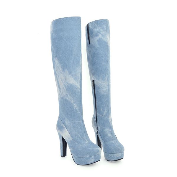 

women 2021 at the knee-high fabric denim european seam and winter boots classic cross strap washing dbk9, Black