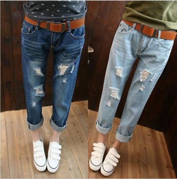 

casual plus size retro boyfriend ladies denim ripped capris jeans trousers vaqueros mujer pants, Black;white