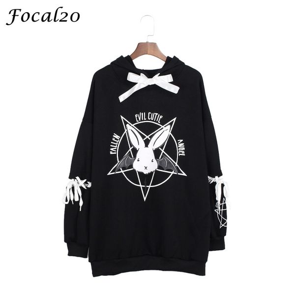 

focal20 harajuku pentagram print lace up women fleeces hoodies gothic punk oversize velvet hooded sweatshirt pullover streetwear y200106, Black
