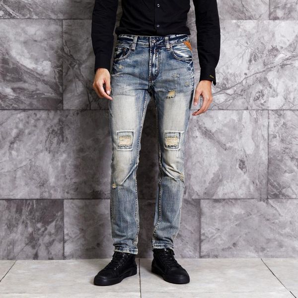 

italian style fashion men jeans retro washed ripped jeans men spliced designer denim pants slim fit hip hop1, Blue