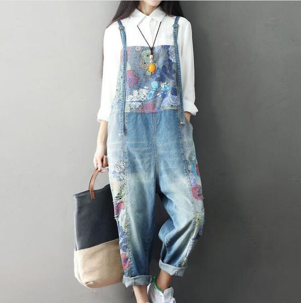 

2021 denim women's retro suspend broad leg ladies'spandex overalls uicm, Blue