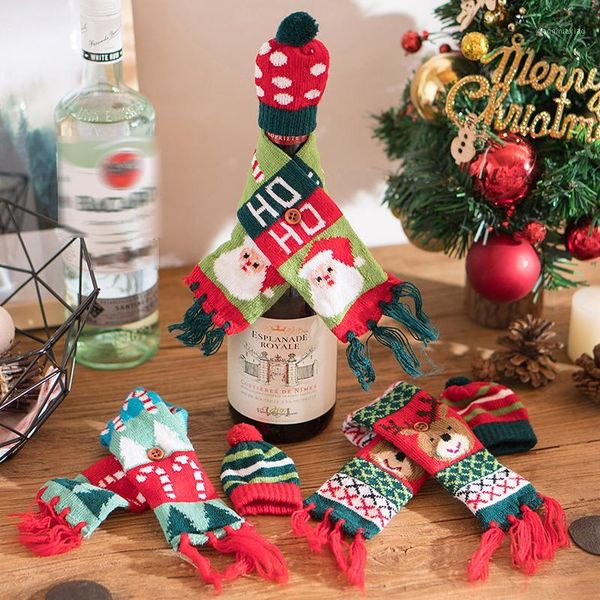 

christmas decorations 2pcs/set wine bottle decoration knit scarf hat set dinner party gifts1