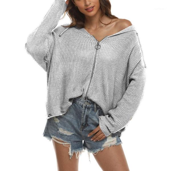 

2020 new women sweaters knitted fashion long sleeve sweathirt solid-color v with hood zipper irregular loose sweater sexy1, White