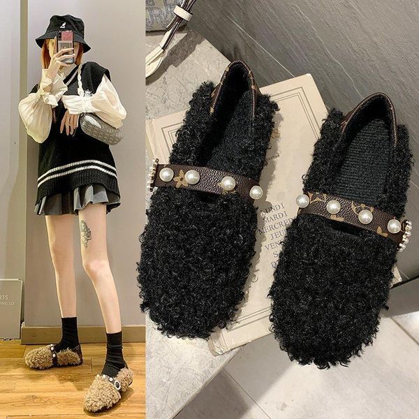 

2020 winter faux fur woman flats big slip on flat shoes woma loafers pearls buckle mary janes comfortable ladies shoes 8767g, Black