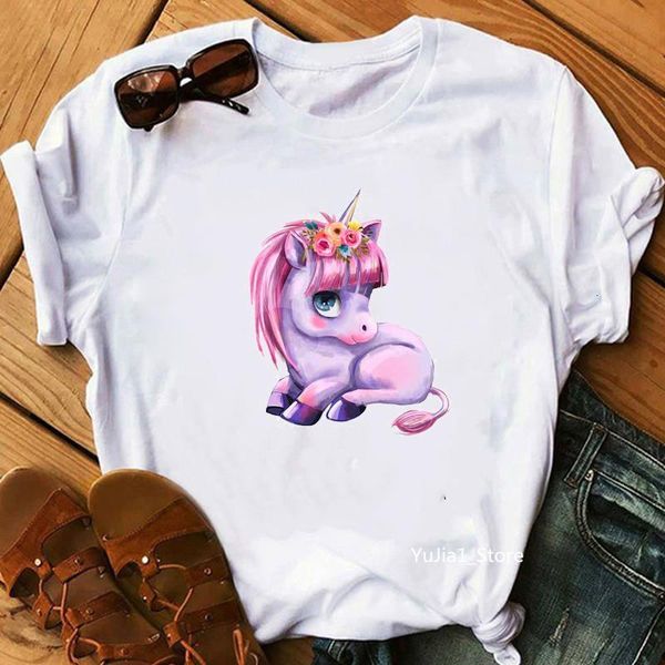 

harajuku kawaii цветок unicorn t рубашки для женщин симпатичные unicornio ullzang мультфильм футболка 90s смешные печать футболка графически, White