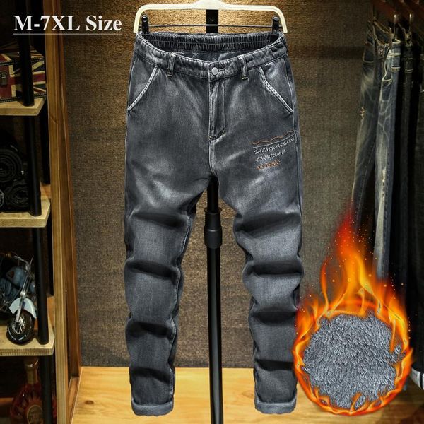 

men's jeans plus size 5xl 6xl 7xl winter warm men harem thicken fleece pants fashion black gray embroidery casual denim trousers male, Blue