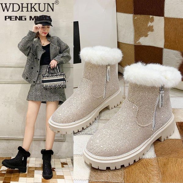 

women's shoes luxury boots woman leather rhinestone snow boots women winter shoes warm platform ankle botas mujer, Black