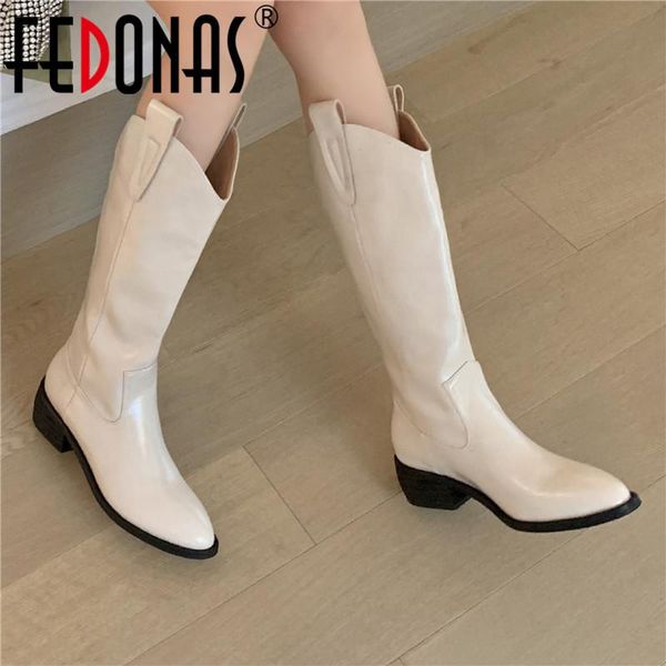 

fedonas winter warm boots for women 2020 genuine leather thick heels shoes woman classic design wedding basic knee high boots, Black