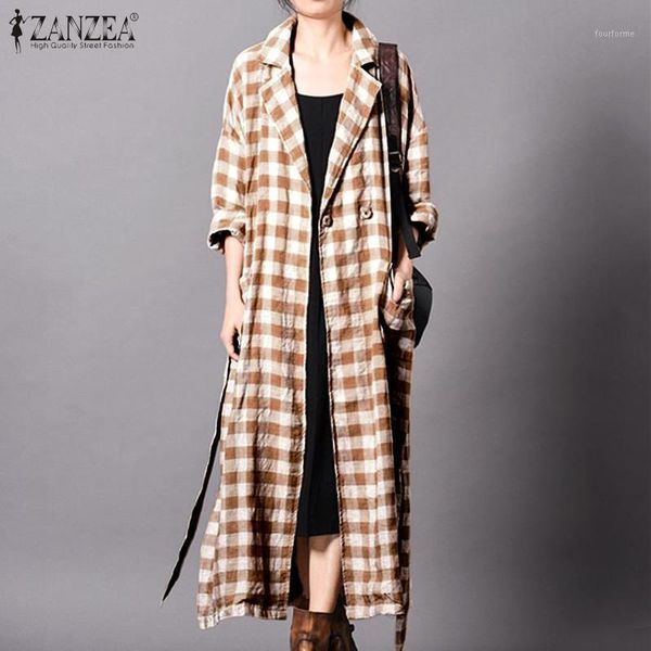 

women's jackets women's spring autumn maxi coats female long sleeves cardigan casual waist belt tunic zanzea lapel plaid outwear o, Black;brown
