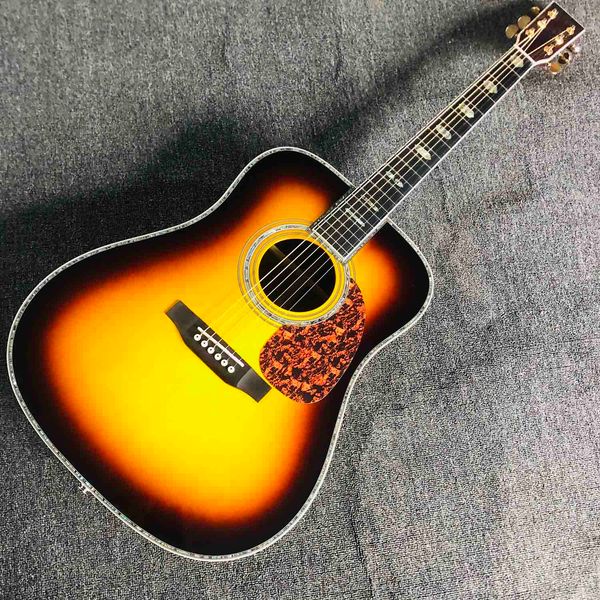 Personalizzato Tutto in legno massello Abalone Binding Guitar Acoustic Guitar One Piece Neck Through Body Solid Solid Sweawood Lato posteriore in Sunburst