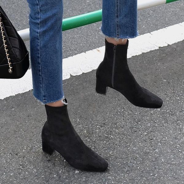 

casual solid square toe womens boots ankle short med leisure mature vintage boots classics fashion winter big size shoes1, Black