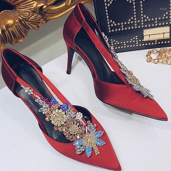 Mulheres casamento sapatos de cristal 8 cm salto alto preto sapatos florais vermelhos sapatos apontados toe senhoras festa nupcial cetim doce fêmea bombas1