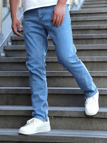 

men zipper slit hem jeans u2e8#, Blue