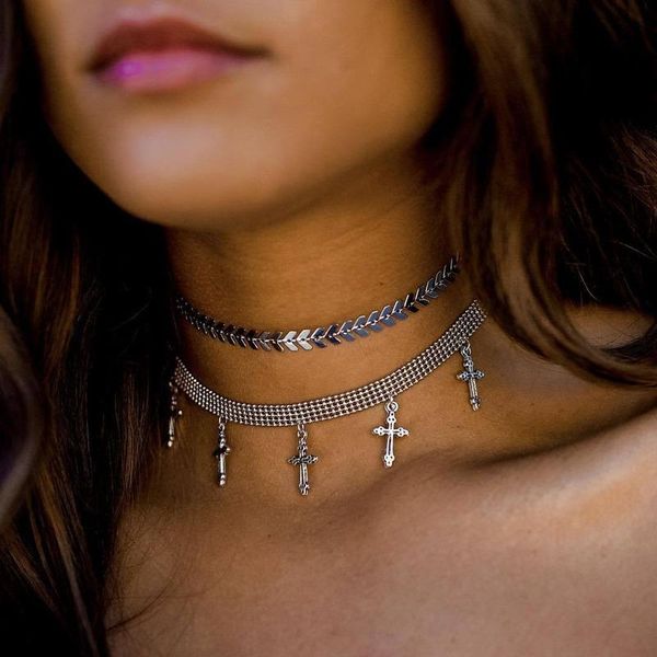 

hebedeer multilayer chain choker necklaces cross jewelry zinc alloy girl light yellow gold color trendy necklace women collares, Golden;silver