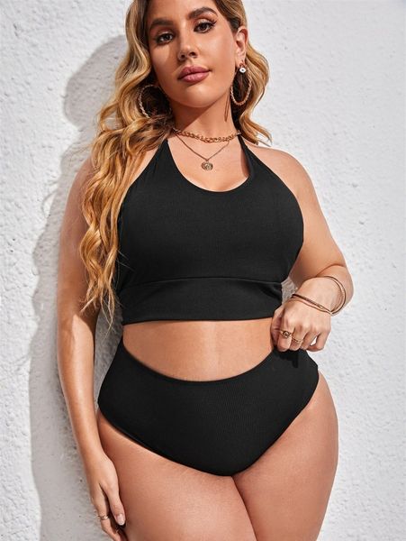 

plus solid high waisted bikini swimsuit s5gj#, Black