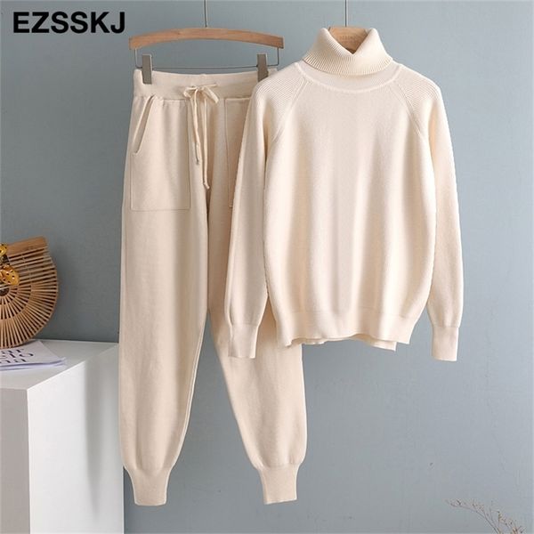 

2 pieces women tracksuit turtleneck + carrot jogging pants pullover sweater set chic knitted outwear y201128, White