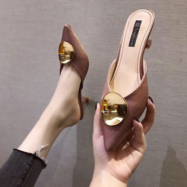 

women sandals luxury designer summer casual mules shoes women slippers ladies high heels pointed toe shoes metal decorative xly x1020, Black