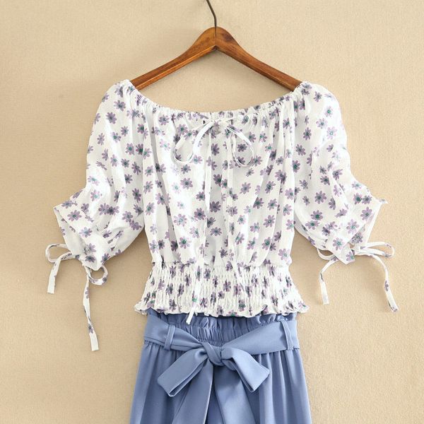 

2021 mode summer new sets feminine frilly bow white puff loose shirt tie wide assemblies ljy6