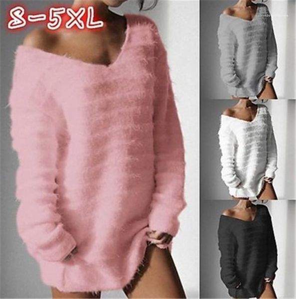 

long section tees designer female autumn new casual elegant sweater furry long sleeve ladies sweater fashion trend v-neck loose, White;black