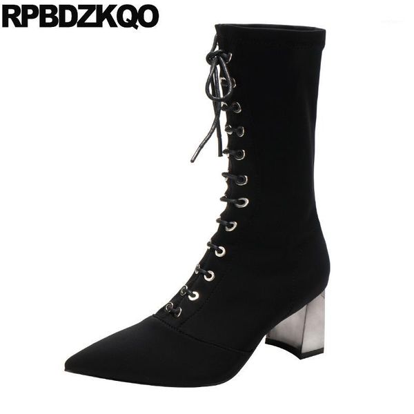 

fashion designer chunky pointed toe 2020 fall lace up shoes women high heel block mid calf black ladies autumn new1