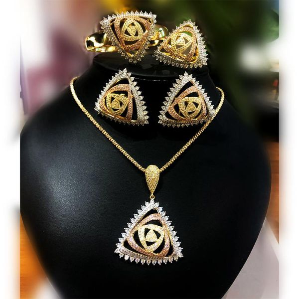 

godki exclusive triangle geometry luxury women wedding naija bridal cubic zirconia necklace earring dubai high jewelry set 2020, Silver