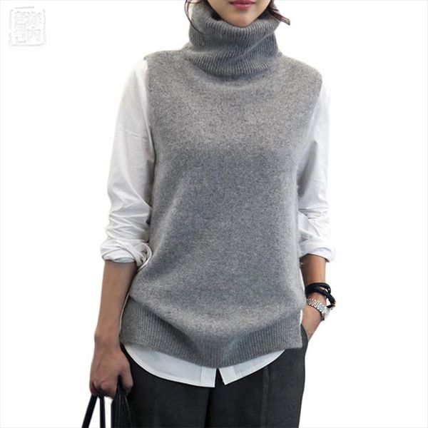 

womens knitted angora rabbit cashmere wool turtleneck vest side slit winter female wool sweater sleeveless waistcoat new vogue, White;black