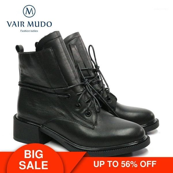 

boots vair mudo 2021 women shoes thick heels genuine leather ankle lace up short plush autumn winter footwear dx231, Black