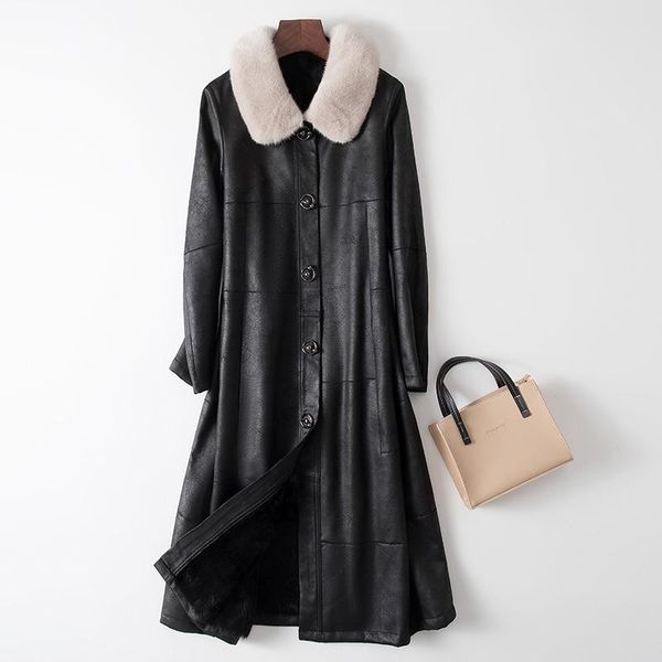

women's fur & faux female coat natural long vintage real mink collar shearling jacket women korean double faced coats 9454, Black
